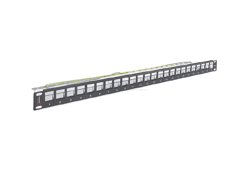 Shielded unloaded patch panel, with cable management, 1U 24 ports, black